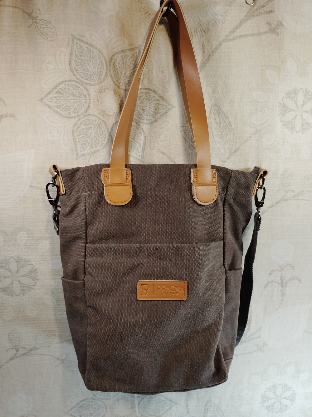 Canvas  Tote/Crossbod/Backpack Bag in Brown with Tan Accents